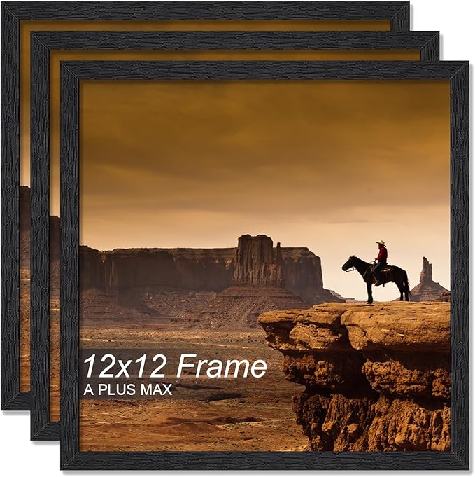 A PLUS MAX Square 12x12 Frame Set of 3, Black Engineered Wood Picture Frame for 12 x 12 Picture Poster Photo, Light Weight 12by12 Frame with Wood-grain for Wall - 3 Pack/Black/12 x12