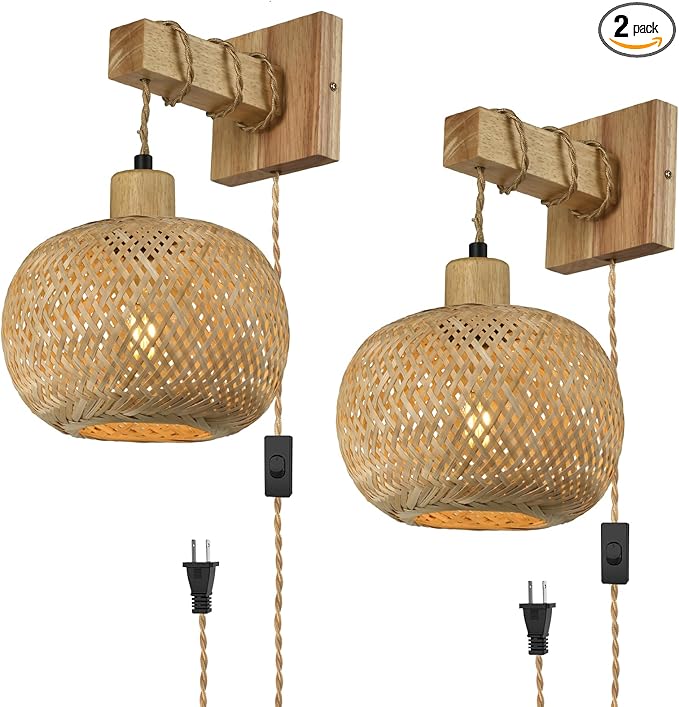 Bamboo Plug in Wall Sconces Set of Two, Hand Woven Boho Wall Lamp Plug in Cord Wall Sconces for Bedroom Living Room Farmhouse