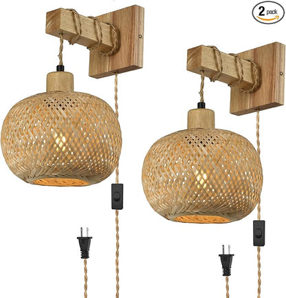 Bamboo Plug in Wall Sconces Set of Two, Hand Woven Boho Wall Lamp Plug in Cord Wall Sconces for Bedroom Living Room Farmhouse