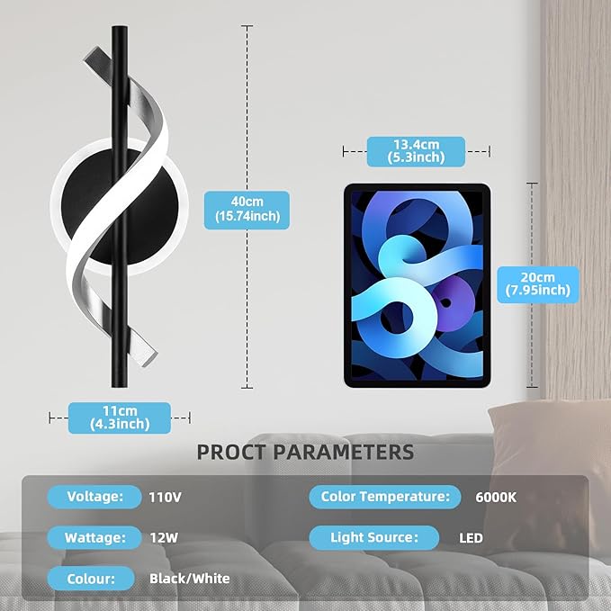 Wall Sconces Sets of 2, 12W LED Wall Mount Lights, Modern Spiral Wall Lamp, 6000K Cold Modern Light Fixture for Stairs, Living Room, Bedroom, Aisle, Hallway