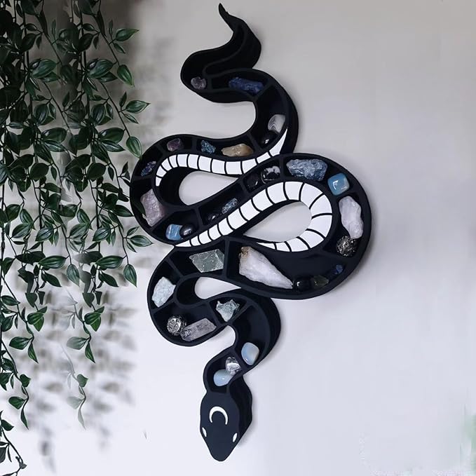 Wooden Floating Shelf Snake Design Unique Room Decor Crystal & Rock Display Shelf, Floating Wall Shelves with Snake Design for Rocks, Crystals, Oils, Stones, Plants(18.9"x10.26")