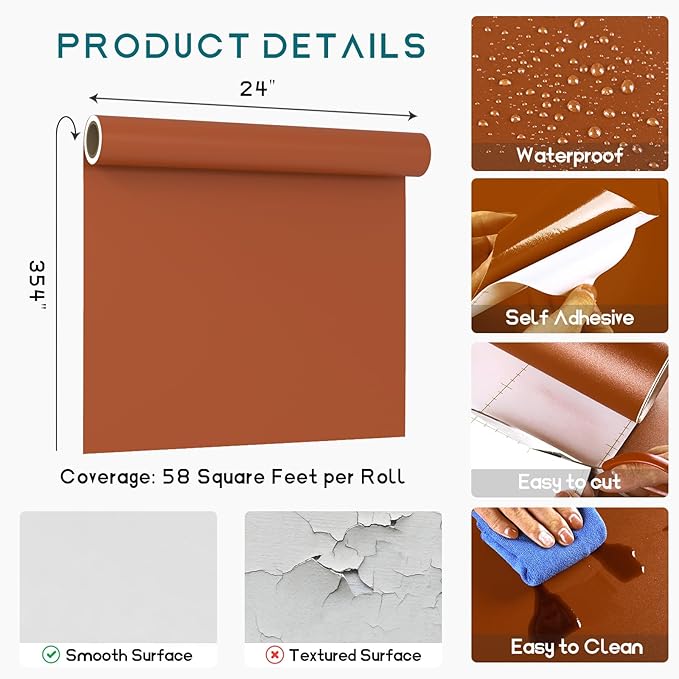 VEELIKE Matte Brown Peel and Stick Wallpaper 24''x354'' Wide Thick Terracotta Brown Contact Paper for Cabinets Desk Accent Walls Removable Self Adhesive Terracotta Wallpaper for Bedroom Living Room