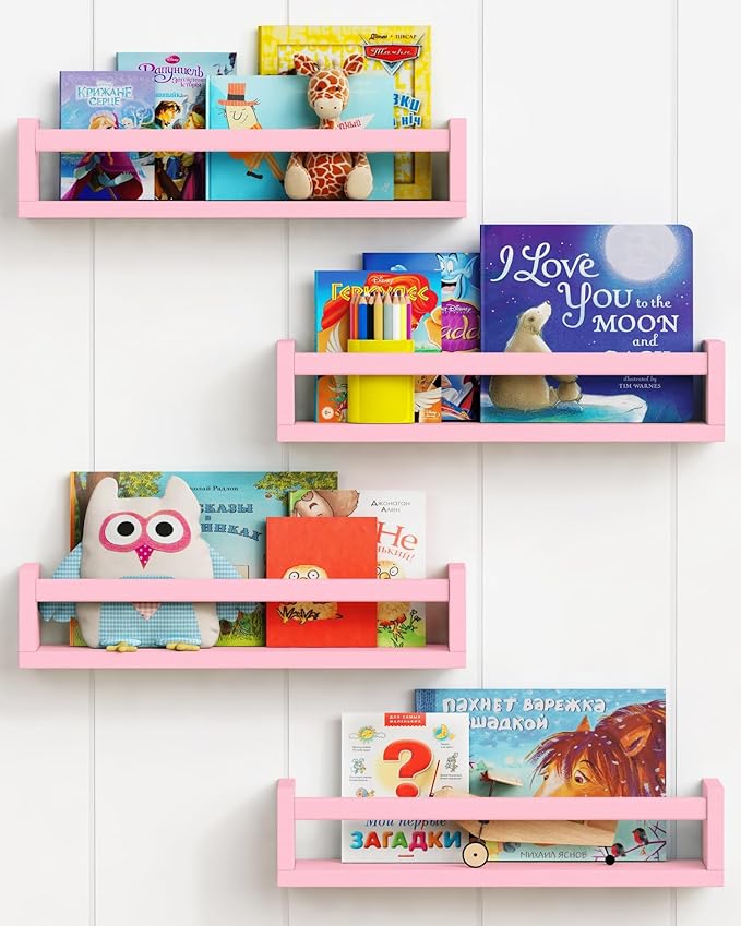 Forbena Pink Floating Shelves for Wall, Aesthetic Wall Bookshelf for Girls Room Decor, Wood Nursery Bookshelves for Toddler Kids Bedroom Book and Toy Storage Organizer (Set of 4, Pink)