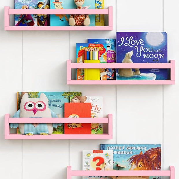 Forbena Pink Floating Shelves for Wall, Aesthetic Wall Bookshelf for Girls Room Decor, Wood Nursery Bookshelves for Toddler Kids Bedroom Book and Toy Storage Organizer (Set of 4, Pink)