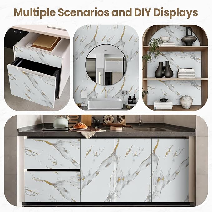 practicalWs Glossy Marble Wallpaper Peel and Stick White/Gold Granite Contact Paper Removable Wall Paper for Kitchen Countertop Cabinet Furniture 17.7