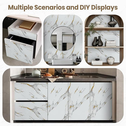 practicalWs Glossy Marble Wallpaper Peel and Stick White/Gold Granite Contact Paper Removable Wall Paper for Kitchen Countertop Cabinet Furniture 17.7" x 196.8"