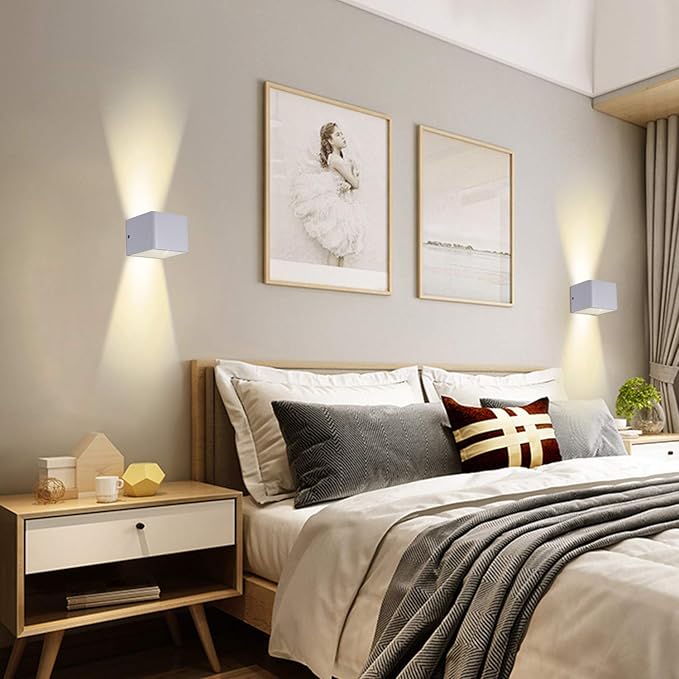 Modern LED Wall Sconce, Up Down Indoor Wall Light, White Cube Mount Lamp Fixture for Bedroom