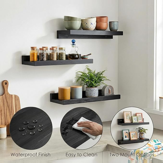 Z metnal Wood Floating Shelves, Small Natural Wooden Display Wall Shelf for Picture Ledge, Wall Mounted, 12 x 5.5inch, Black, 2 Pack
