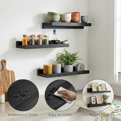 Z metnal Wood Floating Shelves, Small Natural Wooden Display Wall Shelf for Picture Ledge, Wall Mounted, 12 x 5.5inch, Black, 2 Pack