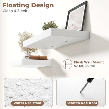 48 Inch Long Floating Shelves for Wall Set of 2, 12"D Wood Grain Bathroom Shelves with Invisible Brackets, Easy Install Engineered Wood Storage Shelves for Kitchen, Living Room, Bedroom, White Finish