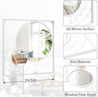 Large White Circle Wall Mirror, Square Wall Mounted Mirror Set Round Modern Art Decorative Mirrors for Living Room Bathroom 30x30 Inch Decor