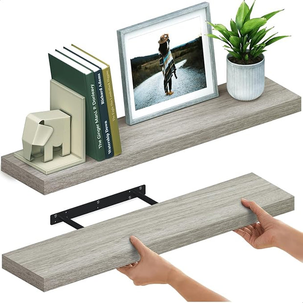 Ballucci Floating Shelves for Wall, 36" Wood Wall Shelf Set of 2, with Invisible Brackets for Bathroom, Living Room, Bedroom, Kitchen, Nursery, 8" Deep, Rustic Gray