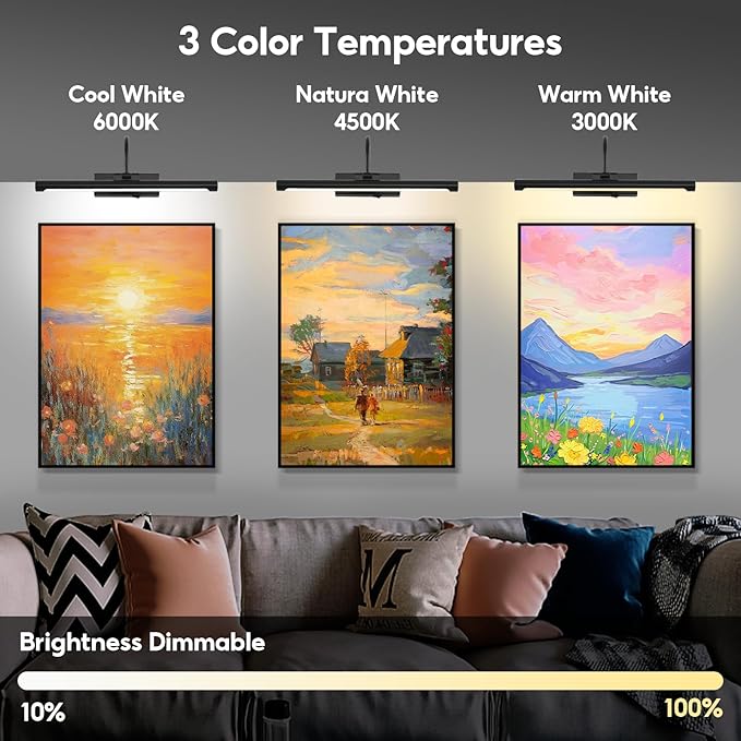 12"Rechargeable Picture Light for Wall Black Cordless Art Lights Battery Operated Dimmable Wall Light with Remote & Timer 3 Color Modes for Paintings Wall Light for Gallery Artwork Warm White