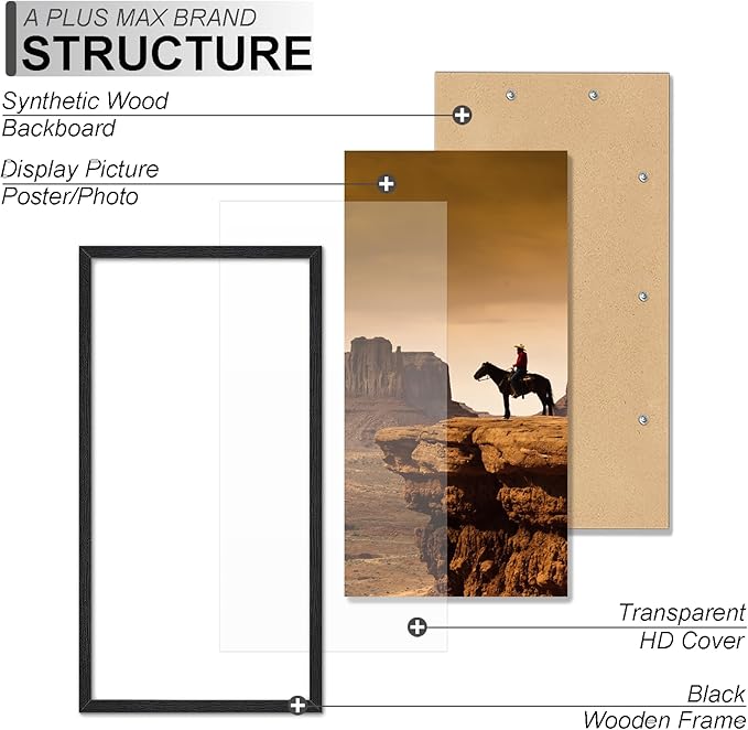 A PLUS MAX 18x36 Picture Frame Set of 2, Black Engineered Wood Frame for 18 x 36 Inch Picture Poster Photo, Light Weight 18 by 36 Frame with Wood-grain for Wall - 2 Pack/Black/18 x36