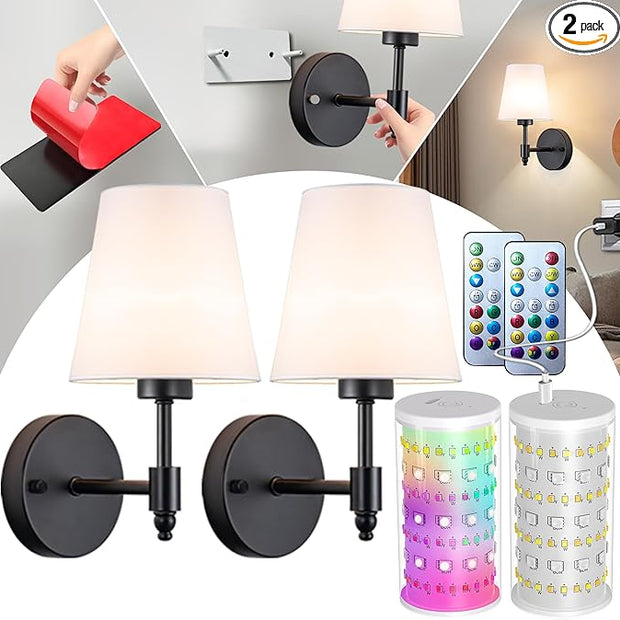 Peel and Stick Wall Sconces, Stick On Wall Sconce Set of 2, Battery Operated Wireless Wall Light, No Drill Adhesive Wall Lamp, Corn Bulb with 10000mAh Rechargeable Battery, Bedroom Wall Decor
