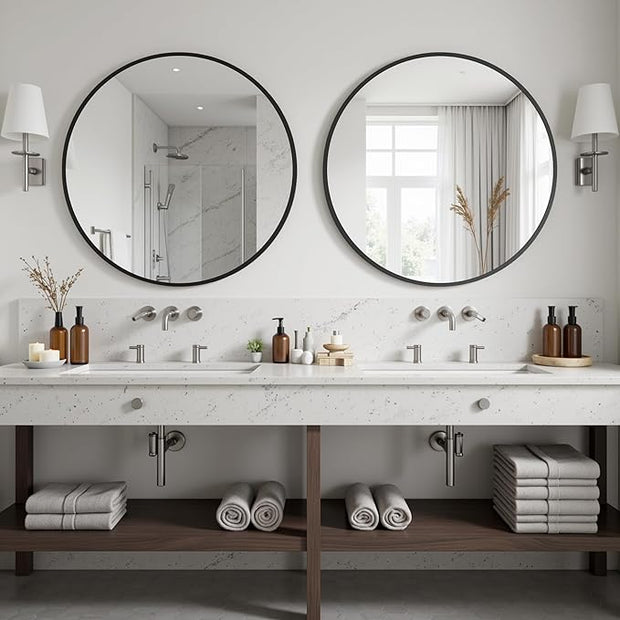 Antok 24 Inch 2PCS Round Mirror for Wall, Round Bathroom Mirror, Circle Wall Mirrors with Black Metal Frame, Circle Mirrors Suitable for Wall, Bathroom, Vanity, Living Room, Entryway