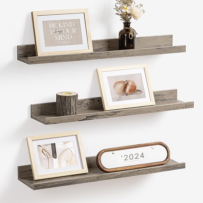 Axeman Picture Ledge Shelf | 24 Inch Grey Floating Shelves Set of 3 | Rustic Grey Wall Shelves with Lip | 24