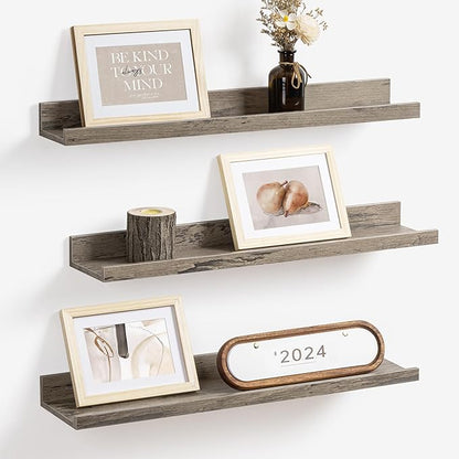 Axeman Picture Ledge Shelf | 24 Inch Grey Floating Shelves Set of 3 | Rustic Grey Wall Shelves with Lip | 24" Picture Shelf for Wall with Ledge | Photo Shelves