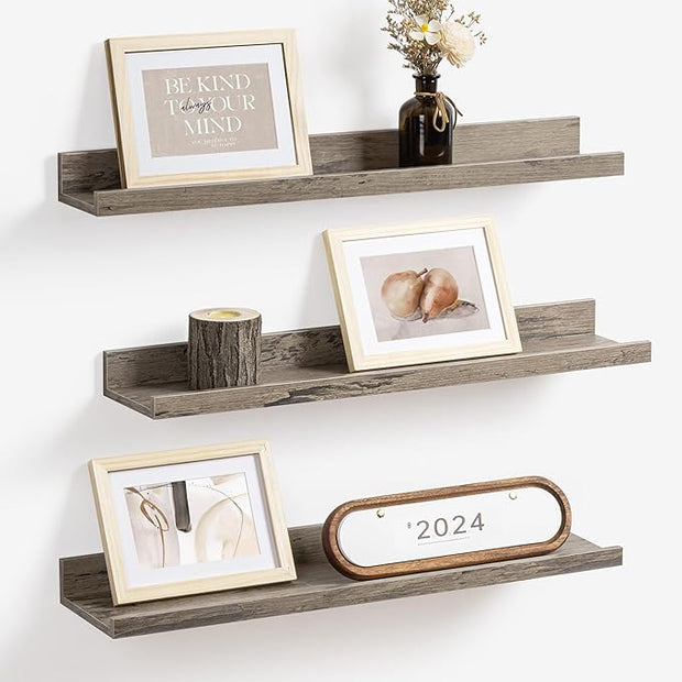 Axeman Picture Ledge Shelf | 24 Inch Grey Floating Shelves Set of 3 | Rustic Grey Wall Shelves with Lip | 24" Picture Shelf for Wall with Ledge | Photo Shelves