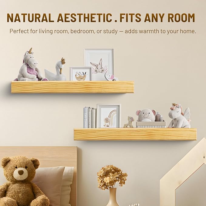 32 Inch Picture Ledge Shelf with Lip,Floating Shelves for Wall, Set of 2 Solid Pine Wood Shelves with Invisible Brackets, Wall Storage for Living Room, Bedroom, Kitchen, Bathroom(Nature Wood)
