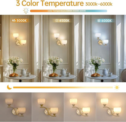 Battery Operated Wall Sconce, 2-Lights Vinatge Brass Wall Lighting with White Tluip Shade Rechargeable Bulb with Remote for Living Room, Bedroom