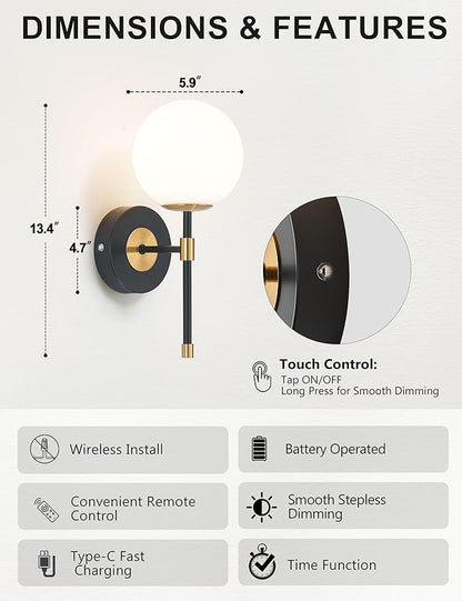 Battery Operated Wall Sconces Set of 2, Glass Globe Wireless Lights with Remote & Touch Control, Rechargeable Black & Gold Sconce, 3 Color Dimmable Ambient Lighting for Bedroom Living Room