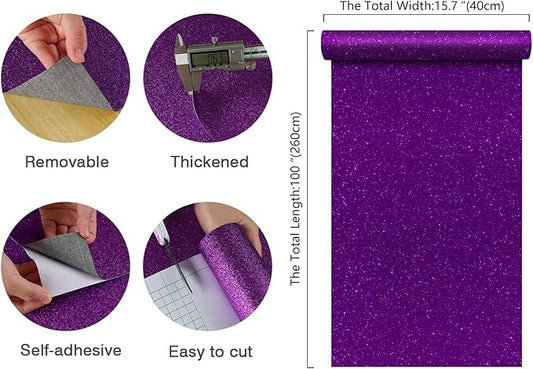 CHIHUT Dark Purple Glitter Wallpaper Stick and Peel for Bedroom Walls Glitter Self Adhesive Removable Wallpaper Sparkle Glitter Contact Paper Shiny Purple Fabric Roll for Cabinets Dresser 15.7''x100''