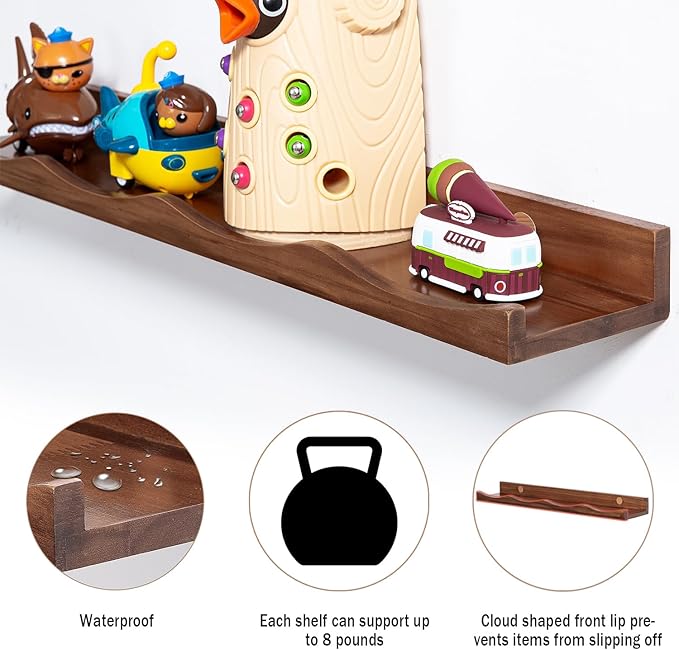 AZSKY Floating Bookshelf for Kids, Floating Shelves for Wall Cloud Picture Ledge Shelf Walnut 23.6 Inches Nursery Book Shelves Set 3, Baby Book Shelf for Toddler Room, Baby Room, Nursery Decor