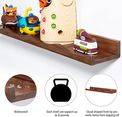 AZSKY Floating Bookshelf for Kids, Floating Shelves for Wall Cloud Picture Ledge Shelf Walnut 23.6 Inches Nursery Book Shelves Set 3, Baby Book Shelf for Toddler Room, Baby Room, Nursery Decor