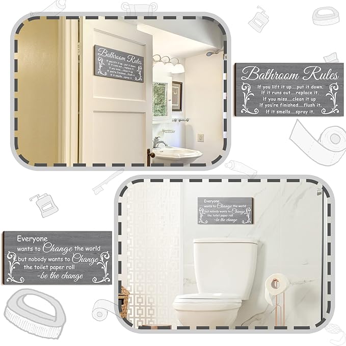 Jetec 2 Pieces Funny Bathroom Signs Bathroom Wall Decor Toilet Wall Accessories Farmhouse Toilet Rustic Wooden Signs, 12x6 Inch(Elegant Style)
