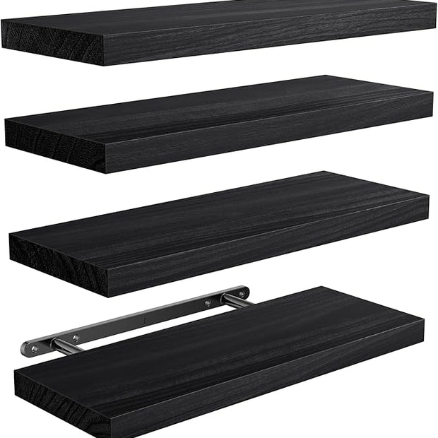 AMADA HOMEFURNISHING Floating Shelves, Paulownia Wood Wall Shelves for Bathroom/Living Room/Bedroom/Kitchen/Home Office, Natural Wood Floating Shelf for Home Storage & Organization, Set of 4, AMFS40B