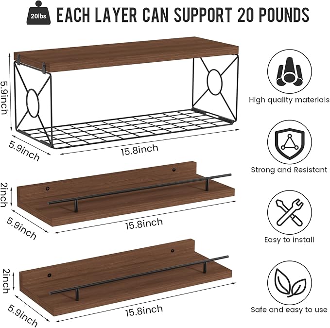 Floating Shelves for Wall, Floating Shelf for Wall Décor Set of 3, Bathroom Floating Shelves with Metal Toilet Paper Holder for Bathroom, Bedroom, Living Room, Kitchen, Office (Brown)