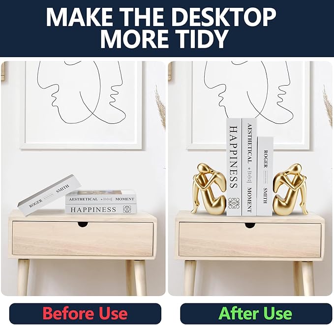 Gold Bookends Book Ends, Unique Decorative Girl Thinker Design,Non-Slip Home Office Bookshelf Decor, Modern Book Holder for Shelves, Heavy Duty Resin Book Stopper for Books,1Pair/2Piece