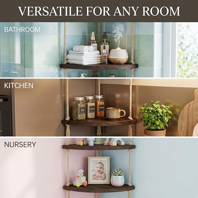 3-Tier Corner Floating Shelves with Aesthetic Greenery & Fairy Lights - Premium Wood-Textured Boho Wall Hanging Shelf - Stable L-Bracket Support for Home Decor, Office & Small Spaces