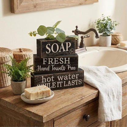 4 Pcs Bathroom Shelf Decor Sign Farmhouse Bathroom Decor and Accessories Rustic Eucalyptus Leaves Block Sign Soap Fresh Hand Towel Free Table Centerpiece for Home Toilet Hotel Campsite