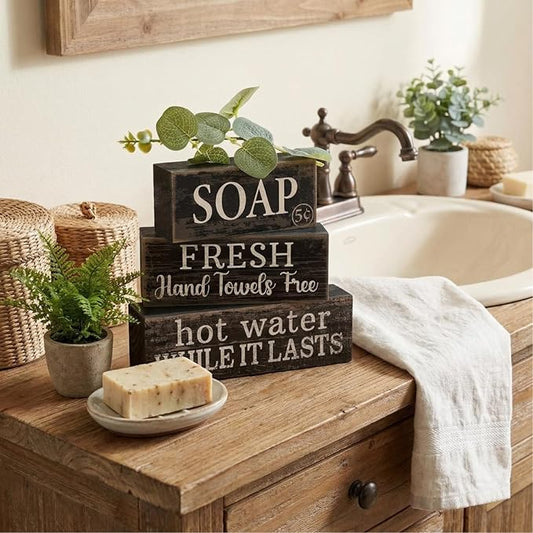 4 Pcs Bathroom Shelf Decor Sign Farmhouse Bathroom Decor and Accessories Rustic Eucalyptus Leaves Block Sign Soap Fresh Hand Towel Free Table Centerpiece for Home Toilet Hotel Campsite