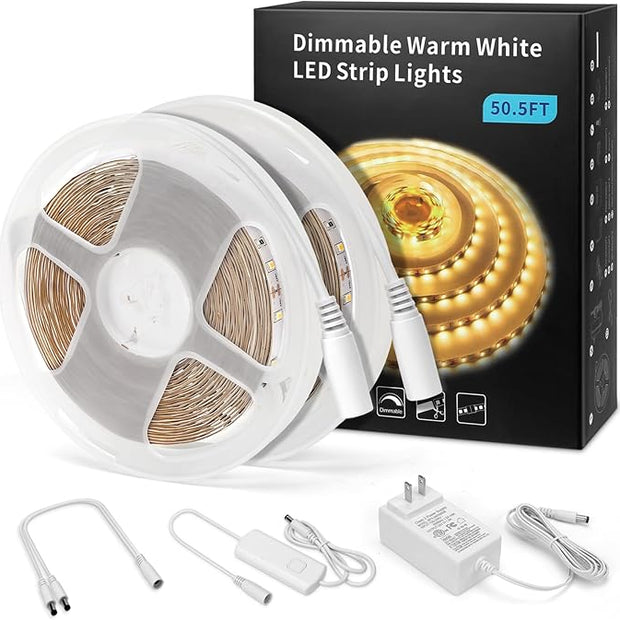 MYPLUS Under Cabinet Lighting Kit, 50Ft Dimmable Led Strip Lights with 900 LEDs, 24V, Low Power Safety Adapter, Flexible Tape Light for Kitchen Cabinet,Bedroom,Counter,Shelf (Warm White-3000k)