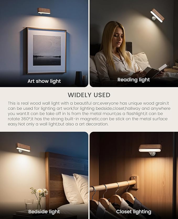 Wood LED Wall Sconce Magnetic 360°Rotate Mounted Mini Lamp Brightness Adjustable Nightlights Rechargeable Battery Powered Reading Light for Bedside Hallway Living Room Black Walnut Set of 2