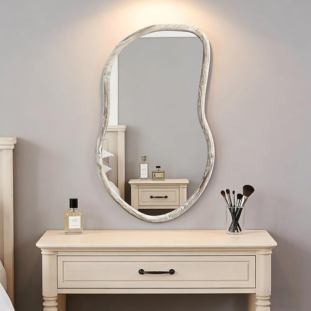 Asymmetrical Mirror Irregular Wall Mirror Farmhouse Wood Asymmetrical Mirrors for Wall Unique Art Mirrors for Bathroom Entryway Bedroom Living Room Rustic White