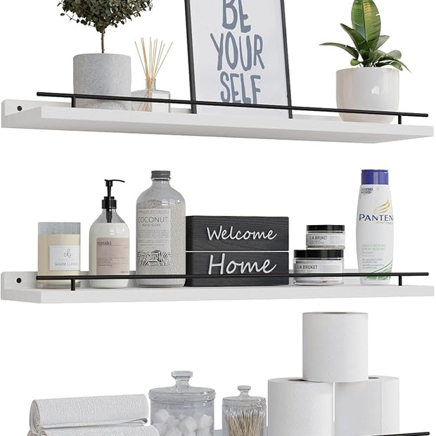 WOPITUES Floating Shelves 24 inch with Gold Metal Guardrail, Shelves for Wall Decor Set of 3, Wall Shelves for Bedroom, Bathroom, Kitchen, Living Room, Plants, Picture Frames, Art- Black and White