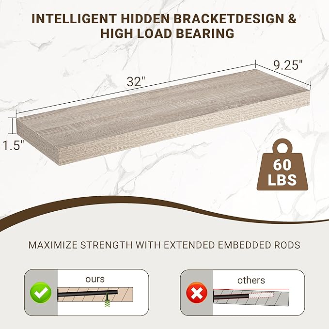 32 Inch Floating Shelves, 3D Textured Wood Grain, 32