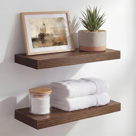 Homeforia Classic Walnut 16 inch Floating Shelf, High End Solid Real Wood Small 16inch Floating Shelves for Wall Mounted, 16in Floating Shelves, Heavy Duty Bracket, 16 X 6.5 X 1.75 inches, Set of 2