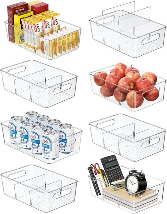 Pantry Organizers and Storage, 8 Pack Snack Organizer for Pantry Shelf,Food Storage Bins with Divider,Clear Containers for Organizing,Transparent Plastic Basket,Refrigerator and Fridge Bins