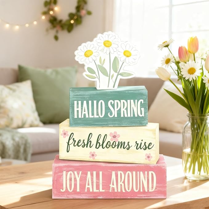 Spring Decoration Wooden Tiered Tray Decor – Rustic Hallo Spring Stacked Block Sign with Daisy Flower Topper – Farmhouse Tabletop Spring Decor for Living Room Shelf Kitchen Coffee Bar Seasonal Home Display