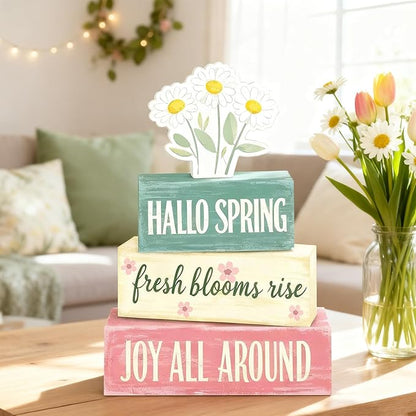 Spring Decoration Wooden Tiered Tray Decor – Rustic Hallo Spring Stacked Block Sign with Daisy Flower Topper – Farmhouse Tabletop Spring Decor for Living Room Shelf Kitchen Coffee Bar Seasonal Home Display