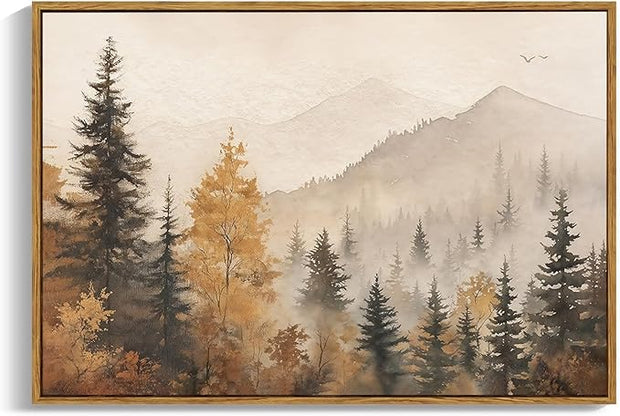 OIQArtOIQ Vintage Framed Wall Art Autumn Mountain Landscape Canvas Art Prints Fall Forest Rustic Farmhouse Pictures Wall Decor Modern Cottagecore Paintings Artwork For Bedroom Bathroom Living Room