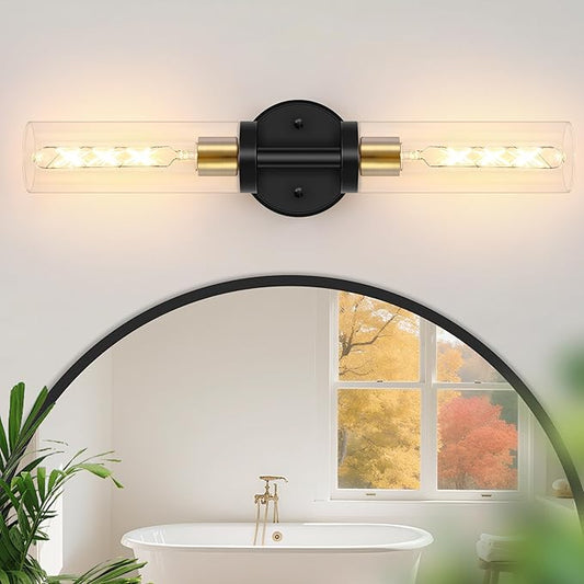 2-Light Bathroom Lighting Fixtures Over Mirror, Black and Gold Vanity Lights for Bathroom, Modern Sconces Wall Lighting with Clear Glass for Bathroom, Bedroom, Living Room (1-Pack)