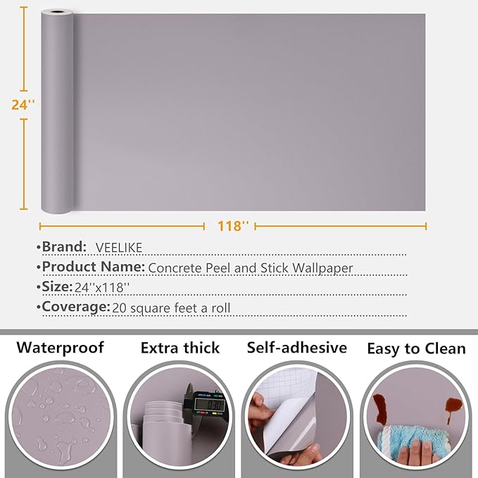 VEELIKE Thick Lilac Purple Wallpaper Peel and Stick Purple Contact Paper for Walls Cabinets Desk 24''x118'' Self Adhesive Removable Solid Color Vinyl Wall Paper for Bedroom Girls Room Living Room