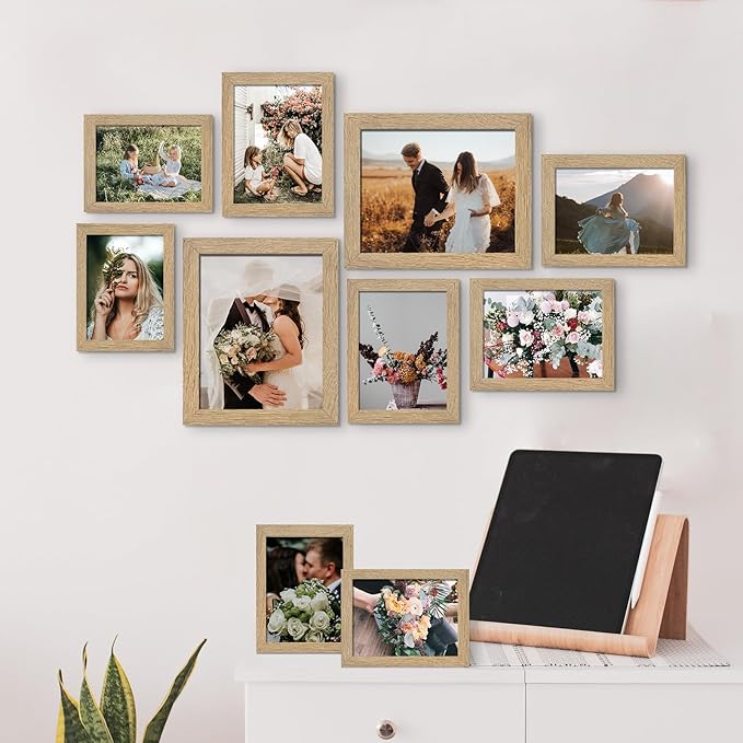 LUCKYLIFE Picture Frame Set 10-Pack, Gallery Wall Frame Collage with 8x10 5x7 4x6 Frames in Natural Woodgrain Finishes
