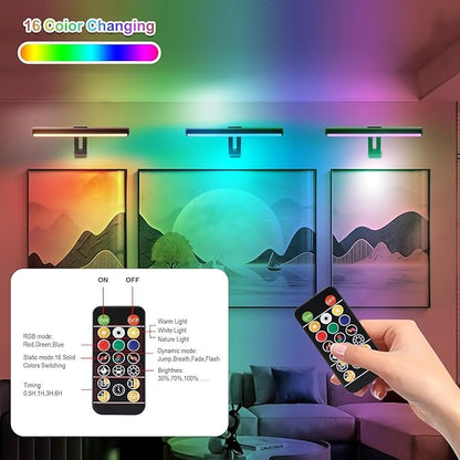 Picture Light Battery Operated, Picture Lights for Wall, Wireless Picture Light with Remote for Paintings, 48 LED, 16 Color Changing, Dartboard Light with 2 Base for Art, Black-2Pack